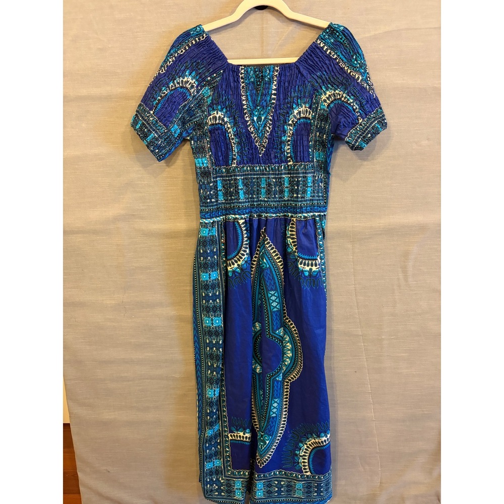 OS 191 African Stars Ghana African Print Maxi Dress Smocked Blue Ethnic Boho - Picture 4 of 8